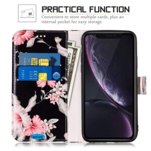 JanCalm Compatible with iPhone XR Case, Floral Pattern Premium PU Leather for iPhone XR Wallet Case [Card/Cash Slots] Stand Flip Cover Protective for iPhone XR (Black/Flower)