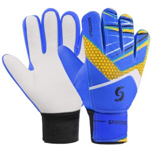 sportout kids goalkeeper gloves, soccer gloves with double wrist protection and non-slip wear resistant latex material to prevent injuries (blue, size 5 suitable for 5 to 8 years old)