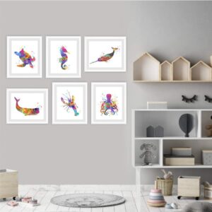 Dignovel Studios Unframed (Set of 6) 8X10 Ocean life Wall Art Print Watercolor Sea Turtle Sea Horse Whale Lobster Octopus Print Set kids Room Decor dnc7