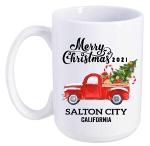 merry christmas salton city california mug state, new home mug 2023 - housewarming, keepsake present for friends and family - christmas red truck mug 15 oz