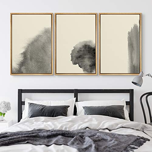 NWT Framed Wall Art Print Set Smoky Faded Black Watercolor Strokes Abstract Shapes Illustrations Modern Art Bohemian Colorful Pastel for Living Room, Bedroom, Office - 16"x24"x3 Natural