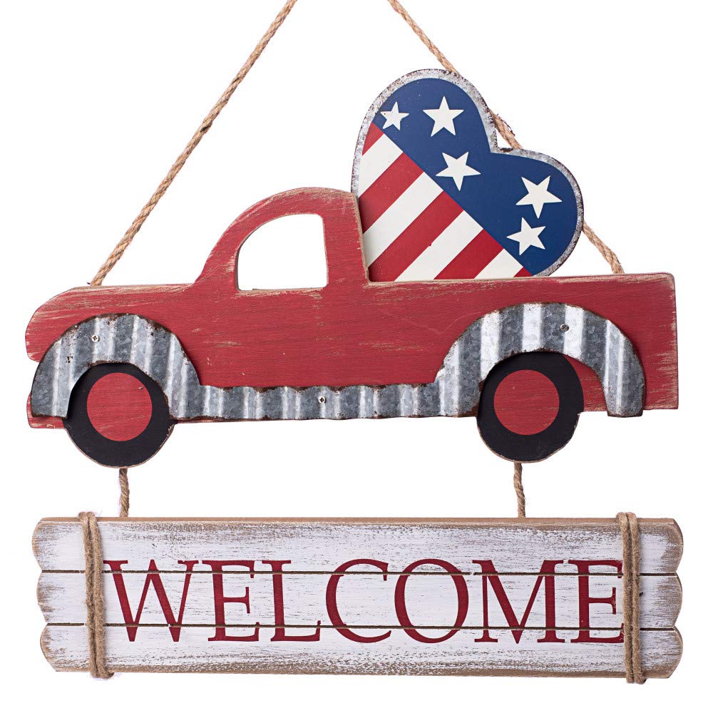 Patriotic Truck Sign for Wreath - 14" x 13", USA, Red, White and Blue, 4th of July, Front Door Decor, Porch, Home, Kitchen, Patio, Decoration, Christmas, President's Day, Memorial Day