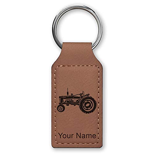 LaserGram Rectangle Keychain, Old Farm Tractor, Personalized Engraving Included (Dark Brown)