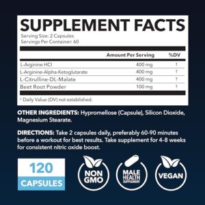 L Arginine L Citrulline Nutritional Supplements NO Nitric Oxide Booster | Stamina Endurance Performance for Workouts | 2 Months Supply of L Arginine 500mg Nitric Oxide Pills for Men | 120 Capsules