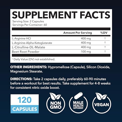 L Arginine L Citrulline Nutritional Supplements NO Nitric Oxide Booster | Stamina Endurance Performance for Workouts | 2 Months Supply of L Arginine 500mg Nitric Oxide Pills for Men | 120 Capsules