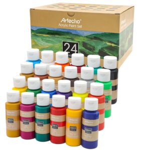 artecho acrylic paint set 24 colors 2oz/59ml, art craft paint for art supplies, paint for canvas, rocks, wood, fabric and ceramic, non toxic paint for artists, students, beginners and adults