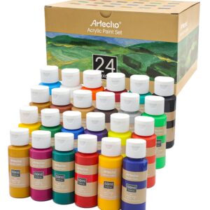 Artecho Acrylic Paint Set 24 Colors 2oz/59ml, Art Craft Paint for Art Supplies, Paint for Canvas, Rocks, Wood, Fabric and Ceramic, Non Toxic Paint for Artists, Students, Beginners and Adults