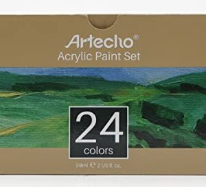 Artecho Acrylic Paint Set 24 Colors 2oz/59ml, Art Craft Paint for Art Supplies, Paint for Canvas, Rocks, Wood, Fabric and Ceramic, Non Toxic Paint for Artists, Students, Beginners and Adults