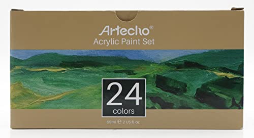 Artecho Acrylic Paint Set 24 Colors 2oz/59ml, Art Craft Paint for Art Supplies, Paint for Canvas, Rocks, Wood, Fabric and Ceramic, Non Toxic Paint for Artists, Students, Beginners and Adults