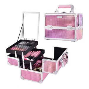 joligrace makeup train case cosmetic box portable makeup case organizer 2 trays makeup storage with mirror locking for cosmetologist aesthetic supplies nail tech traveling makeup box mermaid pink