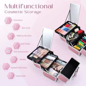 Joligrace Makeup Train Case Cosmetic Box Portable Makeup Case Organizer 2 Trays Makeup Storage with Mirror Locking for Cosmetologist Aesthetic Supplies Nail Tech Traveling Makeup Box Mermaid Pink