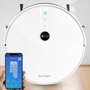 pure clean robotic vacuum cleaner - 1100pa suction - wifi mobile app and gyroscope mapping - ultra thin 2.9” height cleans carpets and hardwood floor - pucrc455