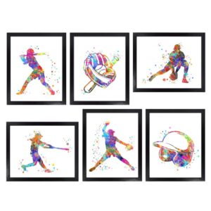 Dignovel Studios Unframed (Set of 6) 8X10 Watercolor Girl Baseball Softball helmet glove ball bat blazer Sport Art print Bedroom Wall Art dnc4