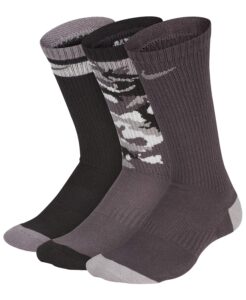 nike boy`s performance cushioned dri fit crew socks 3 pack (black camo(un0344-g4t)/grey, 5-7 (10 toddler-3 little kid))