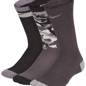 Nike Boy`s Performance Cushioned Dri FIT Crew Socks 3 Pack (Black Camo(UN0344-G4T)/Grey, 5-7 (10 Toddler-3 Little Kid))