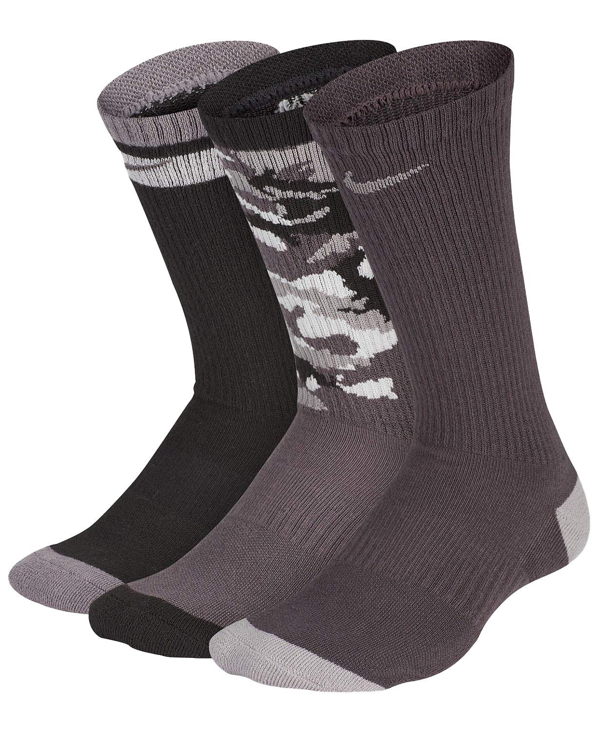 Nike Boy`s Performance Cushioned Dri FIT Crew Socks 3 Pack (Black Camo(UN0344-G4T)/Grey, 5-7 (10 Toddler-3 Little Kid))