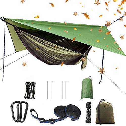 Portable Single Double Nylon High Strength Parachute Hammock Rainfly Set, Camping Hammock with Rain Fly Tarp and Mosquito Net Tent Tree Straps, Backpacking Hiking Travel Yard Outdoor Activities