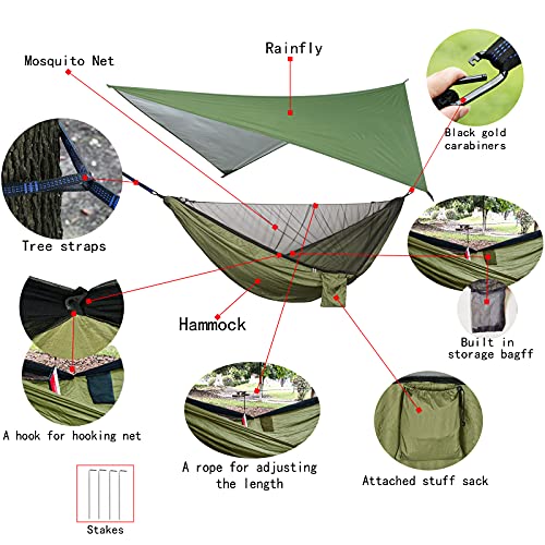 Portable Single Double Nylon High Strength Parachute Hammock Rainfly Set, Camping Hammock with Rain Fly Tarp and Mosquito Net Tent Tree Straps, Backpacking Hiking Travel Yard Outdoor Activities