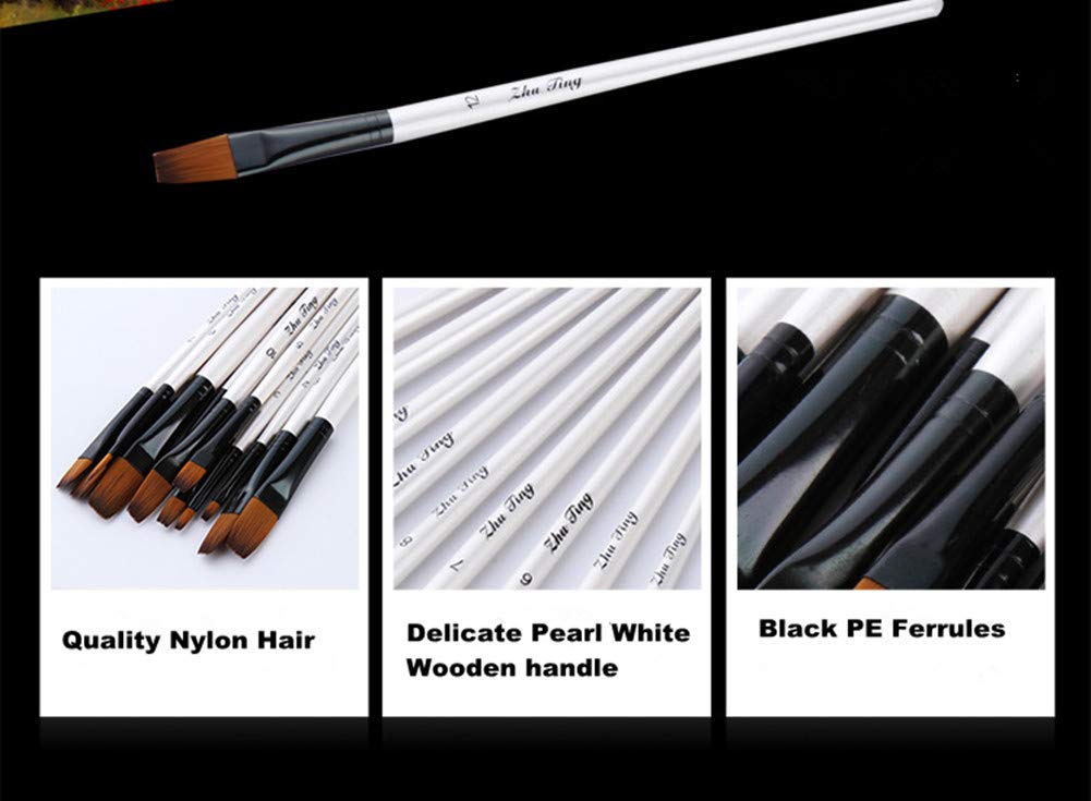 Flat Head Paintbrush Set Nylon Hair Paint Brush Set for Acrylic Oil Watercolor Painting Artist Professional Painting Kits (12pcs Pearl White Flat Head Brush Set)