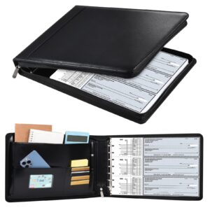 business check 7 ring checkbook binder, pu leather portfolio, built in storage organizer [black]