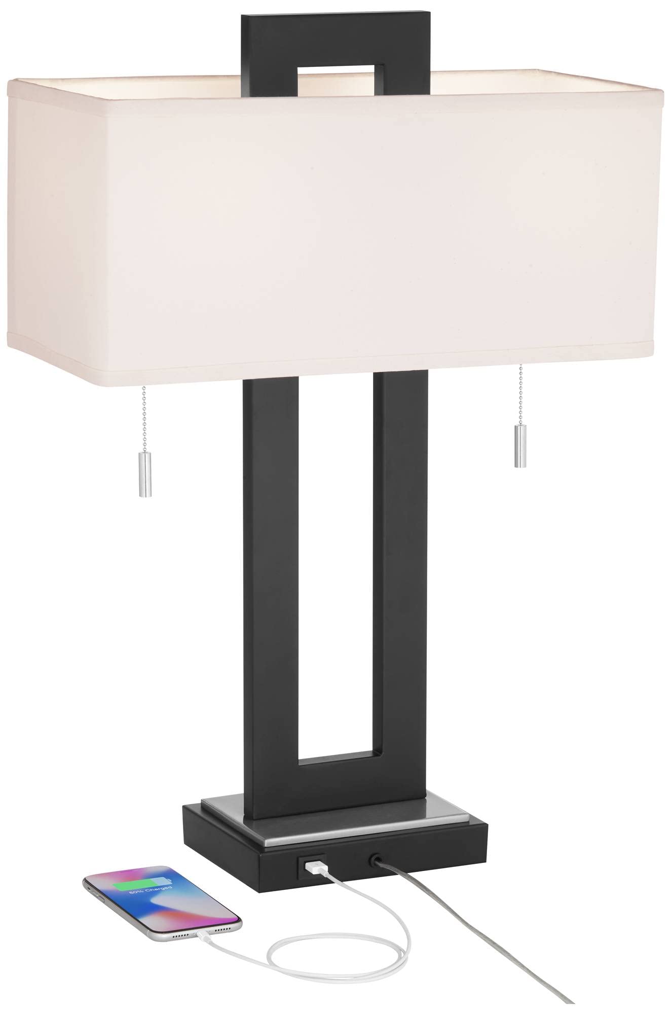 360 Lighting Neil Modern Rustic Table Lamp 26" High with USB Charging Port Black Open Metal White Fabric Rectangular Shade for Bedroom Living Room House Home Bedside Nightstand Office Family