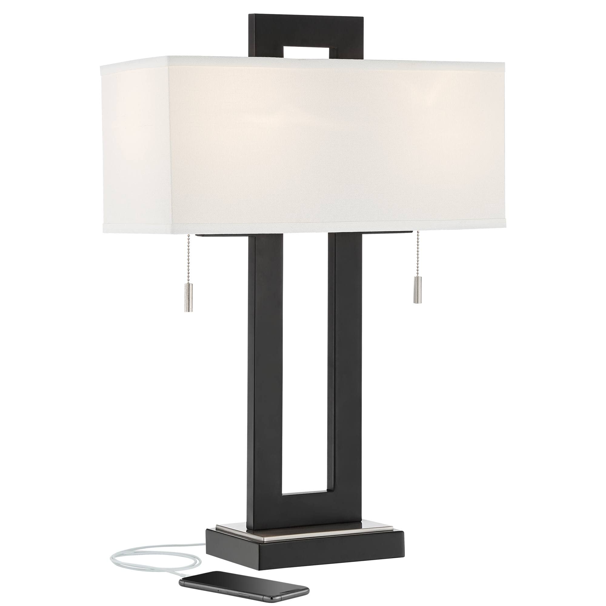 360 Lighting Neil Modern Rustic Table Lamp 26" High with USB Charging Port Black Open Metal White Fabric Rectangular Shade for Bedroom Living Room House Home Bedside Nightstand Office Family