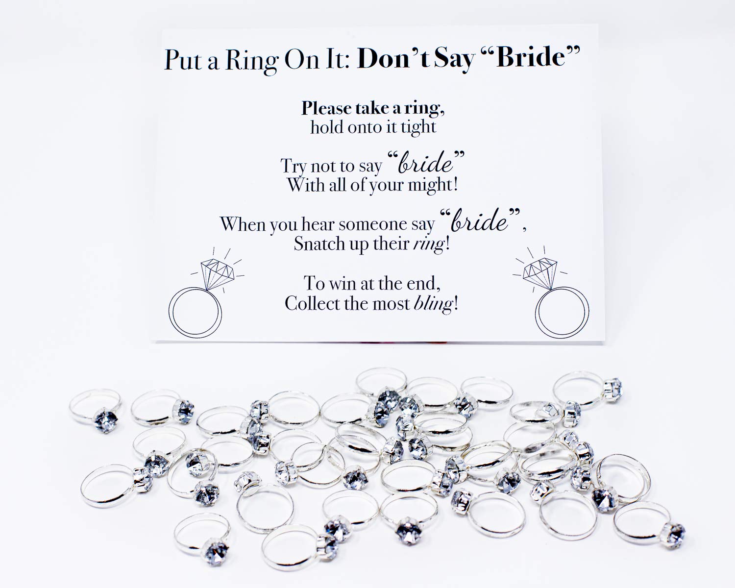 Put a Ring On It Bridal Shower Game with rings - Bridal shower ring game with Don't Say Bride Game Rules and 36 Plastic Diamond Rings for guests