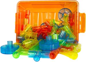 think fast toys - translucent plastic tube manipulatives set in assorted colors with storage container (64 pieces) - stem and learning from home toys