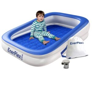 enerplex kids inflatable travel bed with high speed pump, portable blow up toddler air mattress with sides – built-in safety bumper - blue