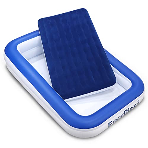 EnerPlex Kids Inflatable Travel Bed with High Speed Pump, Portable Blow up Toddler Air Mattress with Sides – Built-in Safety Bumper - Blue