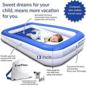 EnerPlex Kids Inflatable Travel Bed with High Speed Pump, Portable Blow up Toddler Air Mattress with Sides – Built-in Safety Bumper - Blue