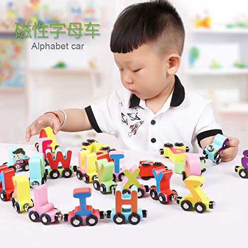 QUOXO Wooden Trackless Trains Set, Alphabets Numbers Magnetic Train Cars for Children Early Educational (Letter Train)