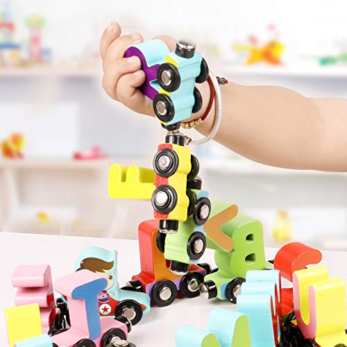 QUOXO Wooden Trackless Trains Set, Alphabets Numbers Magnetic Train Cars for Children Early Educational (Letter Train)