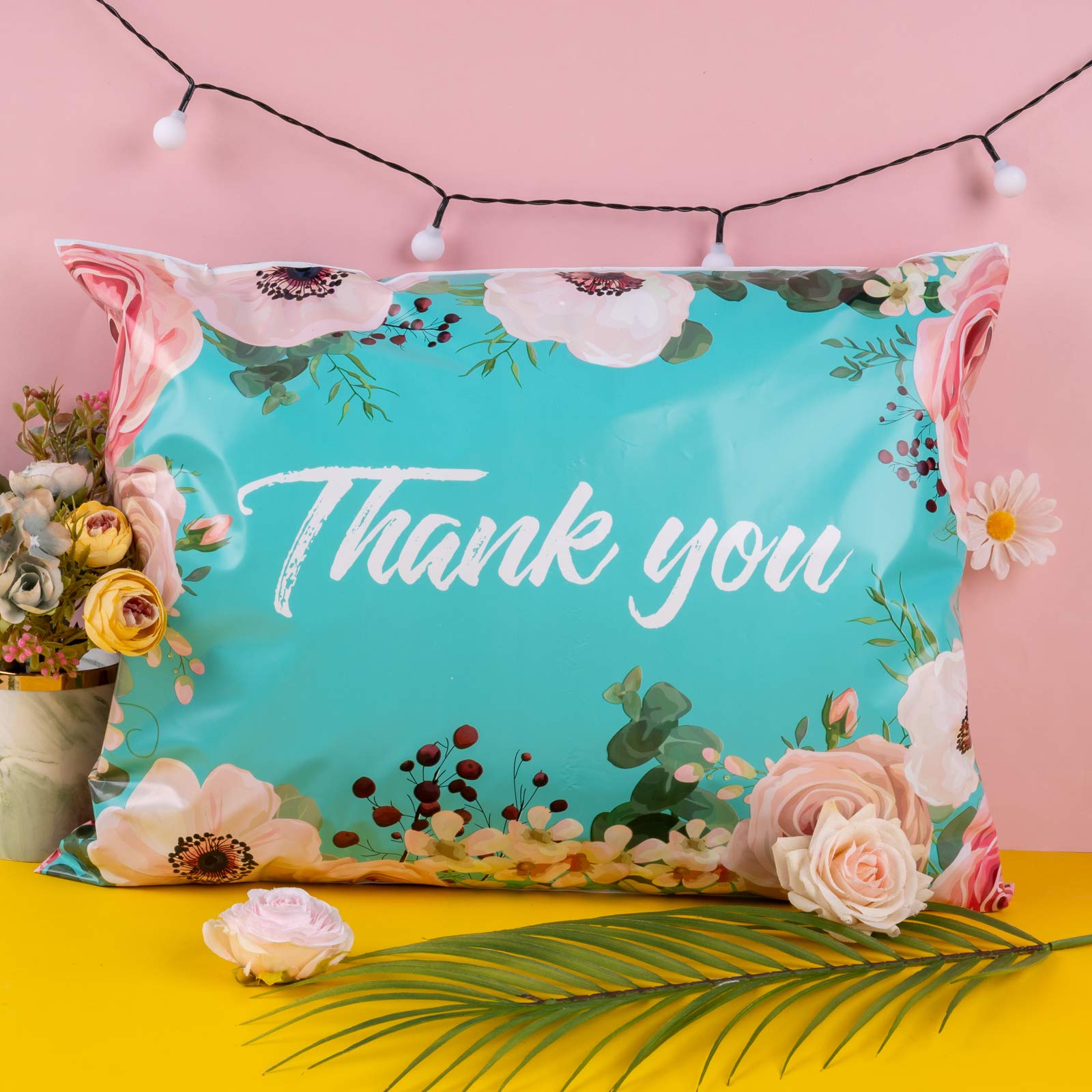 RUSPEPA 14.5x19 Inch Poly Mailers Shipping Bags Thank You Notes Flowers Surrounded Teal Poly Mailers 3 Mil Heavy Duty Self Seal Mailing Envelopes - 50 Pack