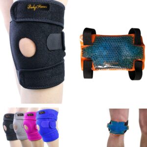 BodyMoves Kid's Knee Brace Support Plus Hot and Cold Ice gel Pack for stabilizing patella meniscus tear ligament injury prevention (SPORTY BLACK)