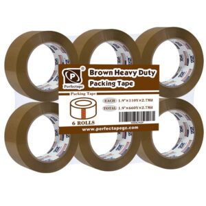 perfectape heavy duty brown packing tape 6 rolls, total 660y, 2.7 mil, 1.88 inch x 110 yards, ultra strong, refill for packaging and shipping(not paper tape)