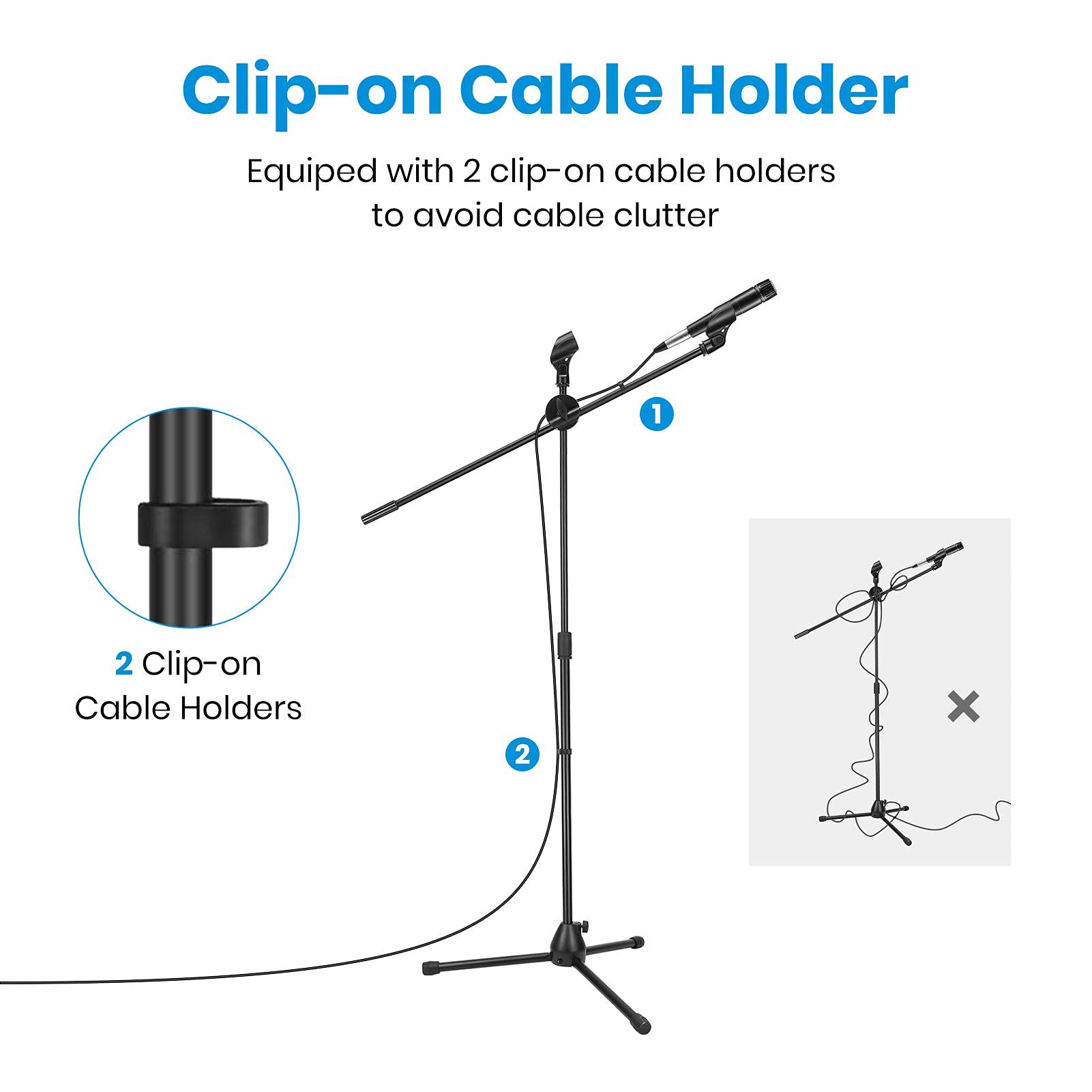 Moukey Microphone Stand, Tripod Boom Mic Stand with 2 Non-Slip Mic Clip Holders & 2 Foam Covers, Collapsible Adjustable Mic Stand for Singing, Karaoke, Stage and Outdoor Activities, Black, MMs-3