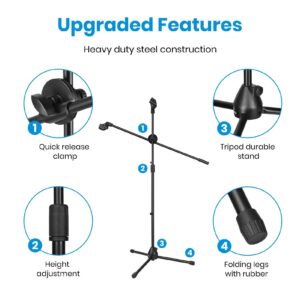 Moukey Microphone Stand, Tripod Boom Mic Stand with 2 Non-Slip Mic Clip Holders & 2 Foam Covers, Collapsible Adjustable Mic Stand for Singing, Karaoke, Stage and Outdoor Activities, Black, MMs-3