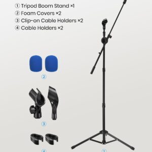 Moukey Microphone Stand, Tripod Boom Mic Stand with 2 Non-Slip Mic Clip Holders & 2 Foam Covers, Collapsible Adjustable Mic Stand for Singing, Karaoke, Stage and Outdoor Activities, Black, MMs-3