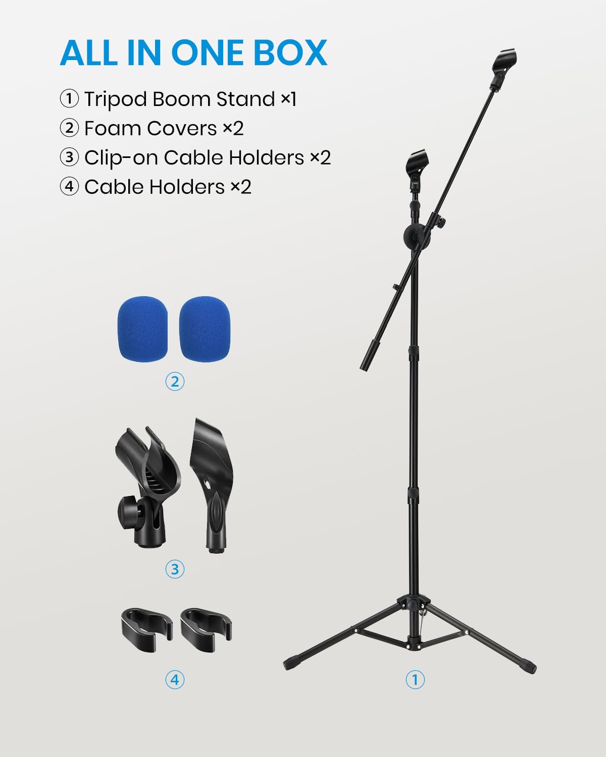 Moukey Microphone Stand, Tripod Boom Mic Stand with 2 Non-Slip Mic Clip Holders & 2 Foam Covers, Collapsible Adjustable Mic Stand for Singing, Karaoke, Stage and Outdoor Activities, Black, MMs-3