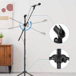 Moukey Microphone Stand, Tripod Boom Mic Stand with 2 Non-Slip Mic Clip Holders & 2 Foam Covers, Collapsible Adjustable Mic Stand for Singing, Karaoke, Stage and Outdoor Activities, Black, MMs-3