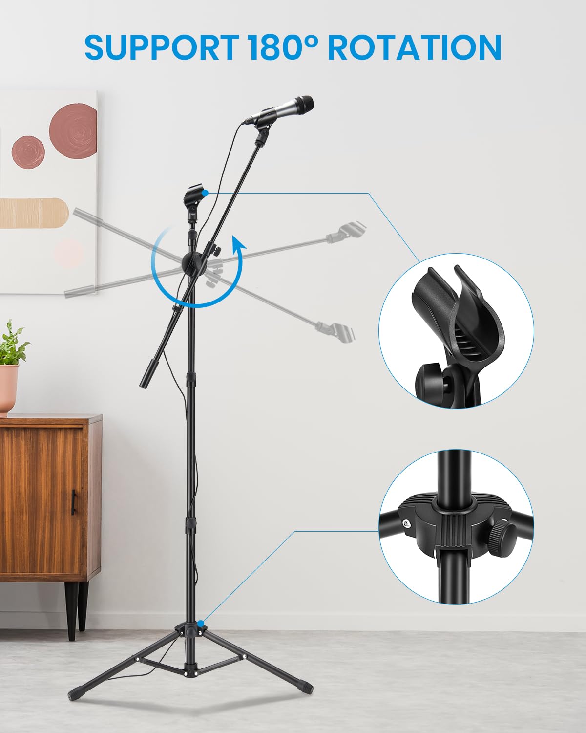 Moukey Microphone Stand, Tripod Boom Mic Stand with 2 Non-Slip Mic Clip Holders & 2 Foam Covers, Collapsible Adjustable Mic Stand for Singing, Karaoke, Stage and Outdoor Activities, Black, MMs-3