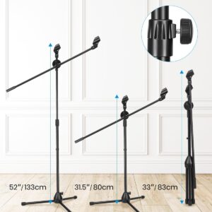 Moukey Microphone Stand, Tripod Boom Mic Stand with 2 Non-Slip Mic Clip Holders & 2 Foam Covers, Collapsible Adjustable Mic Stand for Singing, Karaoke, Stage and Outdoor Activities, Black, MMs-3