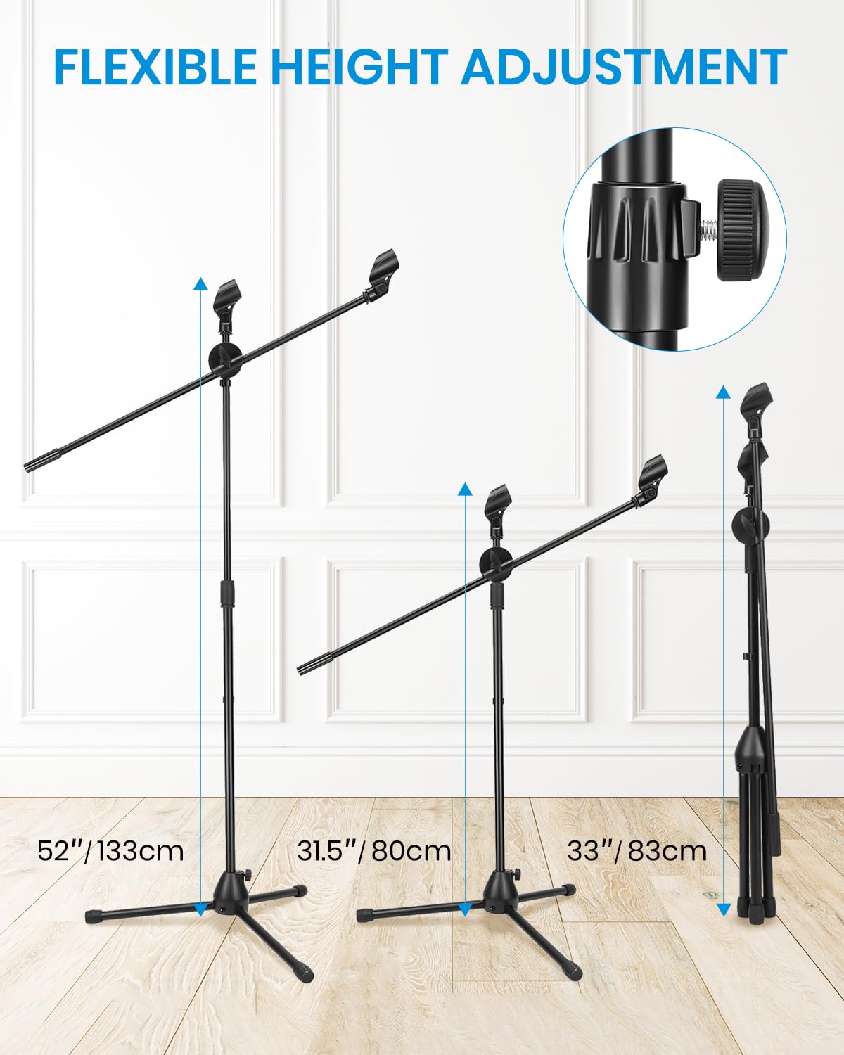 Moukey Microphone Stand, Tripod Boom Mic Stand with 2 Non-Slip Mic Clip Holders & 2 Foam Covers, Collapsible Adjustable Mic Stand for Singing, Karaoke, Stage and Outdoor Activities, Black, MMs-3