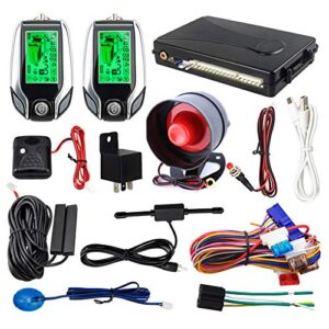 easyguard ec204 2 way car alarm system with pke passive keyless entry, rechargeable lcd pager display & remote trunk release, shock warning dc12v