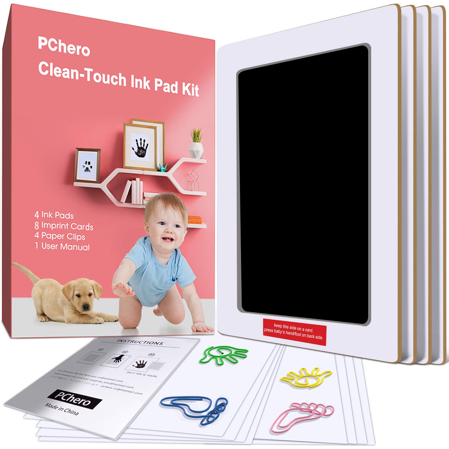 Large Size Baby Inkless Handprint and Footprint Kit with 4 Ink Pads and 8 Imprint Cards by PChero, Ideal for Family Keepsake Newborn Registry Baby Shower Present