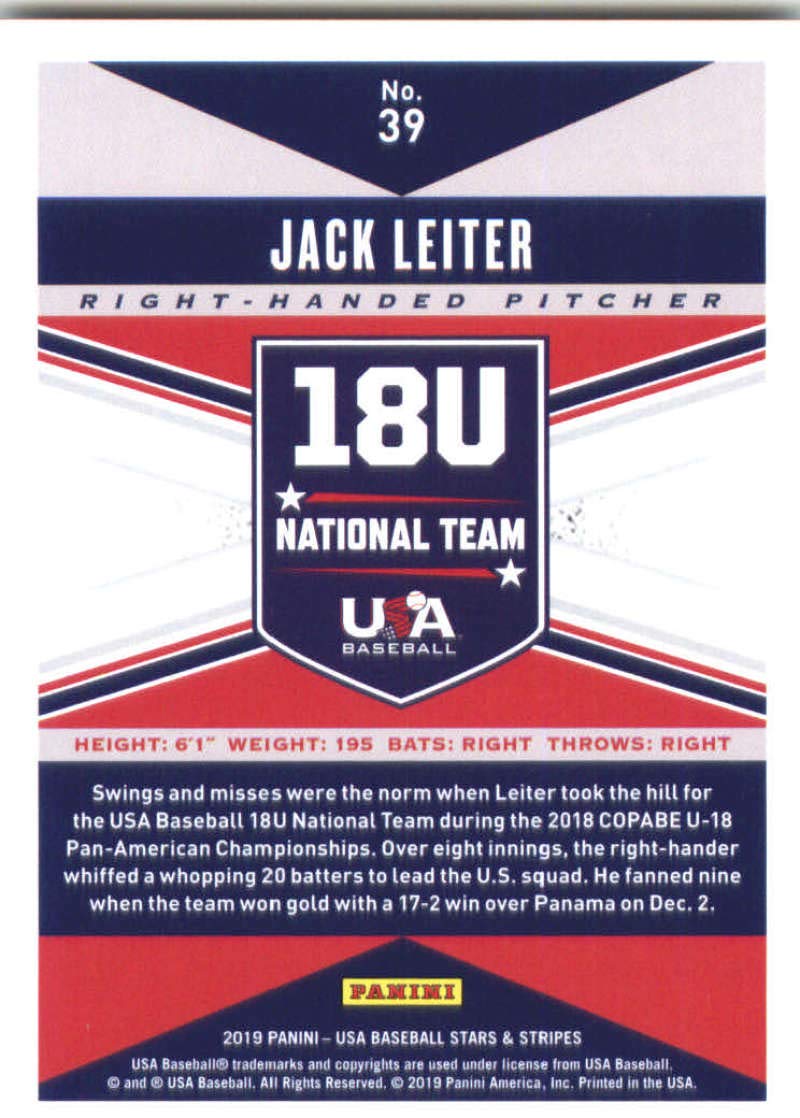 2019 Panini Stars and Stripes #39 Jack Leiter USA Baseball 18U National Team Baseball Card