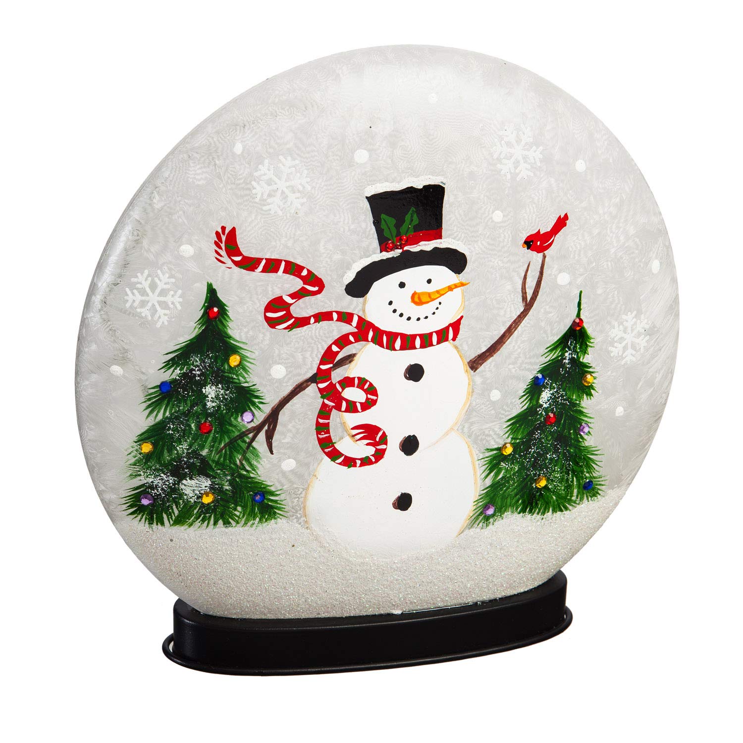 Cypress Home Beautiful Christmas Snowman and Cardinal Hand Painted Glass LED Disc Table Décor - 10 x 3 x 10 Inches Indoor/Outdoor Decoration for Homes, Yards and Gardens