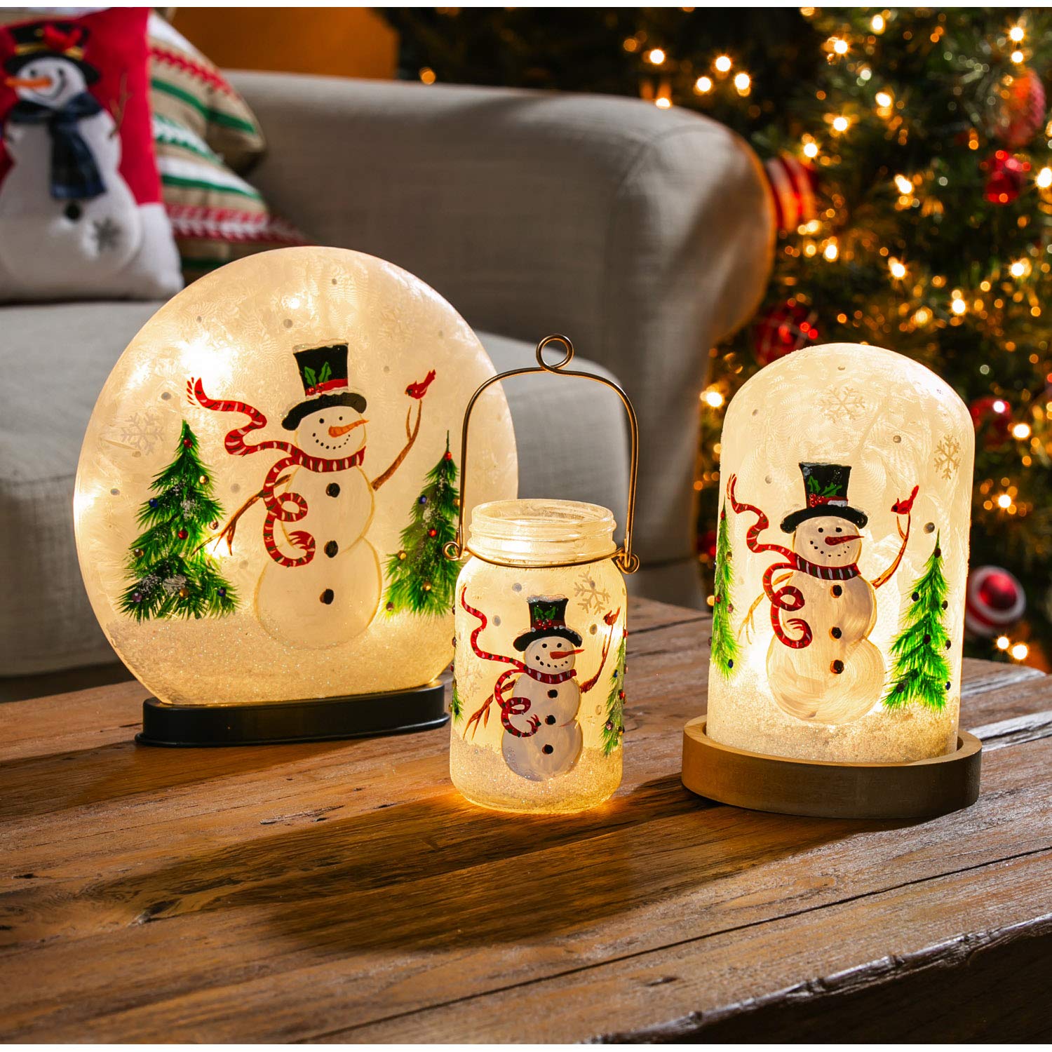 Cypress Home Beautiful Christmas Snowman and Cardinal Hand Painted Glass LED Disc Table Décor - 10 x 3 x 10 Inches Indoor/Outdoor Decoration for Homes, Yards and Gardens