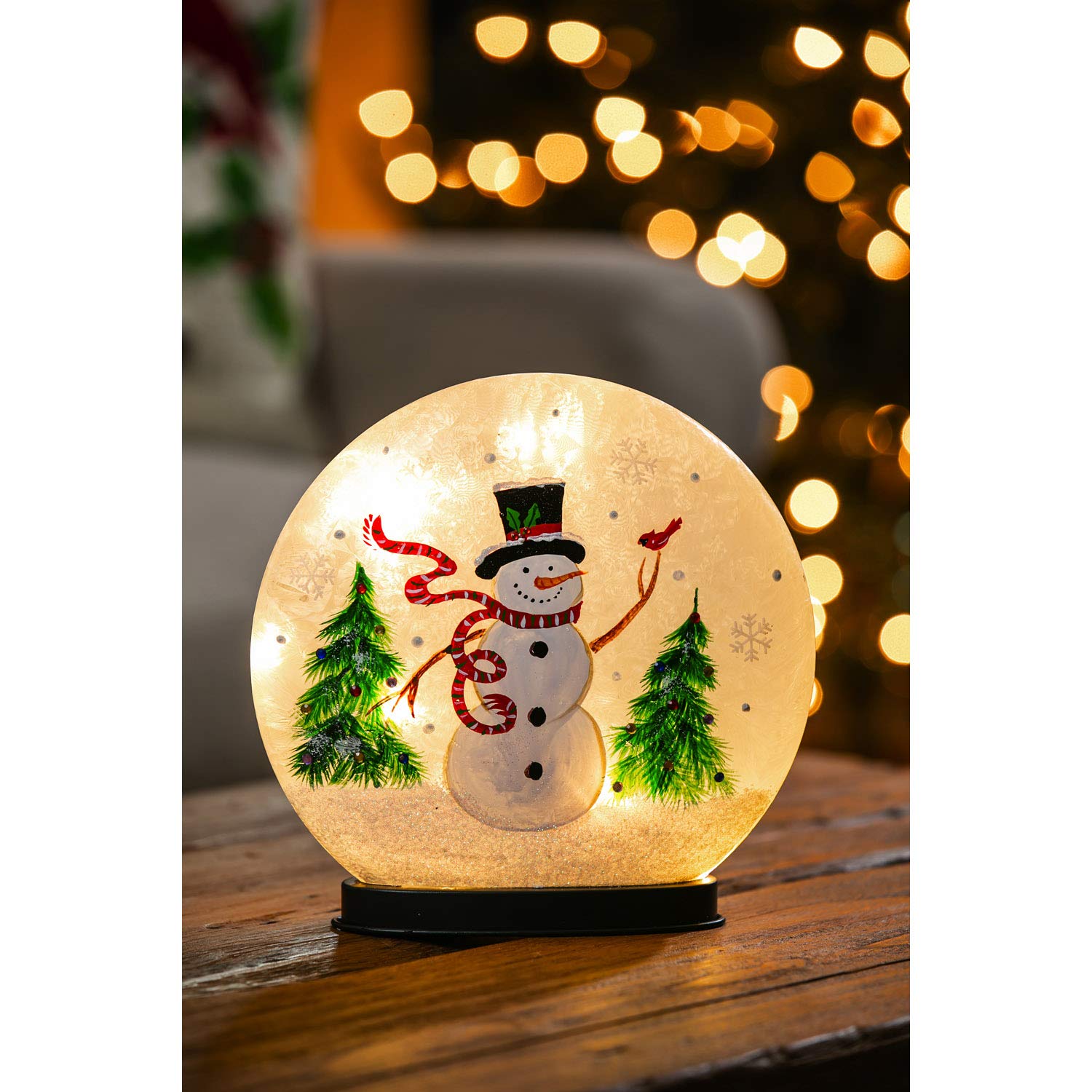 Cypress Home Beautiful Christmas Snowman and Cardinal Hand Painted Glass LED Disc Table Décor - 10 x 3 x 10 Inches Indoor/Outdoor Decoration for Homes, Yards and Gardens